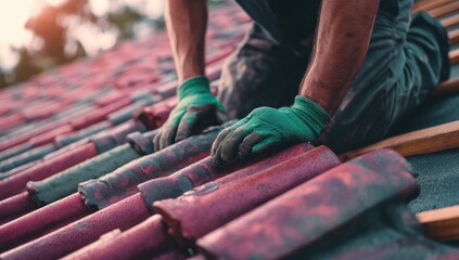 Person installing red clay roof tiles, focusing on hands and tiles