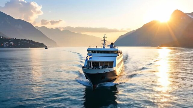 A passenger ferry sails across a tranquil lake towards the setting sun, framed by majestic mountains.