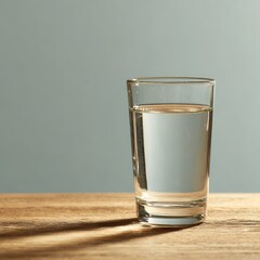 A glass of clean water rests on a table made of wood with a light background. Natural light shines on the glass