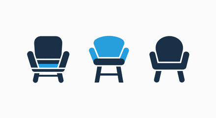 Fototapeta premium Three minimalist chair icons in dark blue and blue, representing furniture design and interior styles