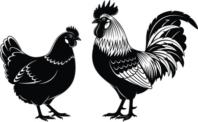 Black and White Rooster and Hen Vector Illustration Set Isolated on White Background for Farm Poultry Branding and Country Decor © MDABDUR