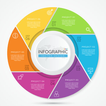 Infographic label design with business circle template design 6 options or steps. Can be used for process diagram, workflow layout, banner, flow chart presentations. Vector illustration.
