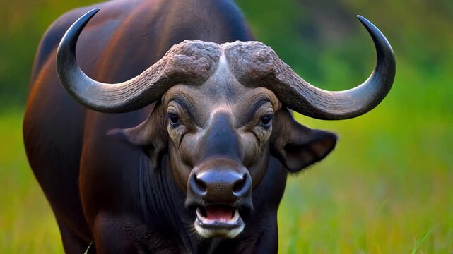 Close-up of Domestic Water Buffalo Eating Green Grass in a Sustainable Village Farm