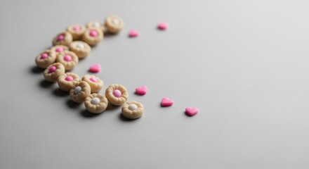 Cereal and Pink Candy Pieces Arranged on Gray Background with Soft Lighting