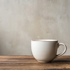 A cup filled with coffee rests on a wooden surface near a plain wall in morning light