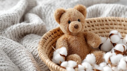 Cute teddy bear sitting in a woven basket surrounded by soft cotton and cozy knit blankets in a serene setting