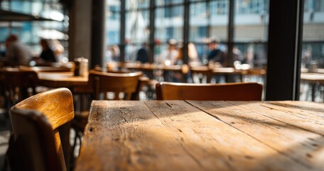 Sunlit cafe interior with empty wooden tables and chairs, blurred patrons in background