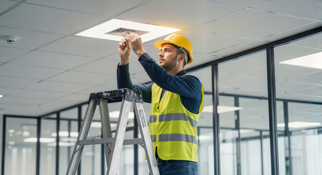 Electrician in helmet changing light fixture in office lighting on ladder  