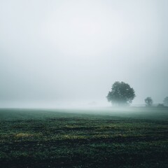 Fog blankets a wide open field, reducing visibility and creating a soft atmosphere early in the morning