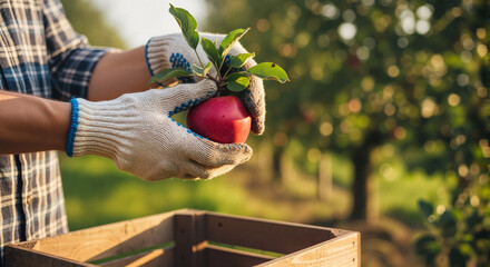 Man harvesting apples in orchard while wearing gardening gloves  