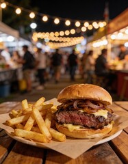 Steak sandwich with fries, outdoor night market, warm lights, bokeh crowd