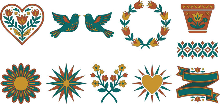 Elemental folk Mother's Day motifs collection with 10 elements jewel toned teal earthy terracotta mustard yellow symmetrical folk art heart floral patterns songbirds wreath tulips flower pot border 