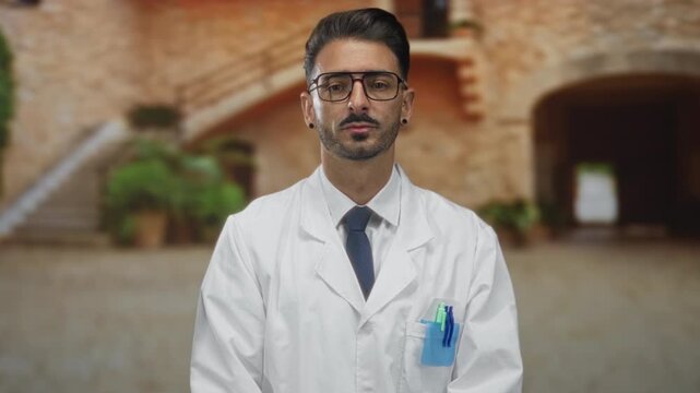 Scientist in labcoat adjusts glasses beside stone staircase in street; curiosity focus exploration insight.