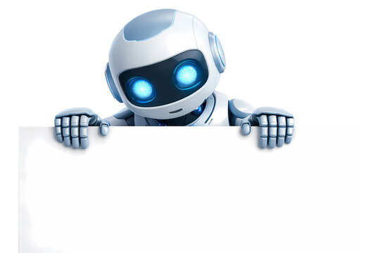 3D illustration of a cute white robot peeking over a blank horizontal banner, AI character mascot presenting empty signboard for copy space, isolated on transparent background