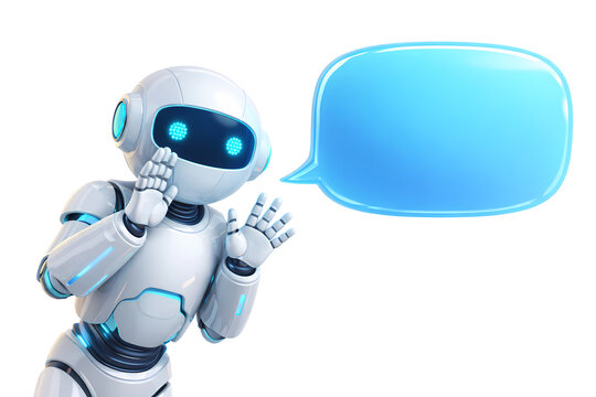 3D illustration of a cute white robot whispering and talking with a blank blue speech bubble, AI chatbot mascot for communication and customer support, isolated on transparent background