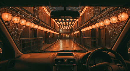 Night Drive Ambience: Serene streets illuminated by glowing lanterns in a digital escapism setting