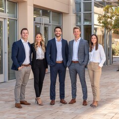 Fototapeta premium Five business professionals standing outdoors in front of an office building, dressed in professional attire.