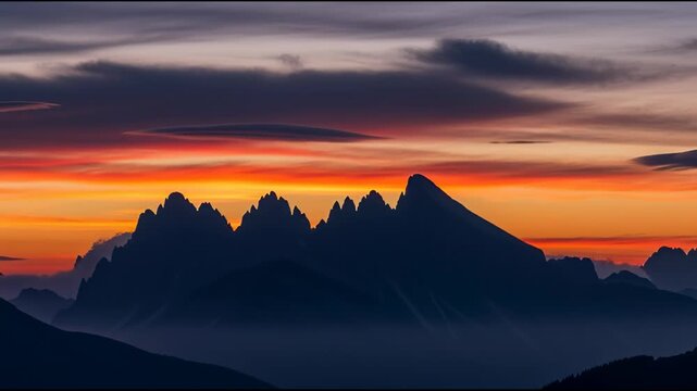 Dramatic mountain silhouette against a vibrant sunset sky background