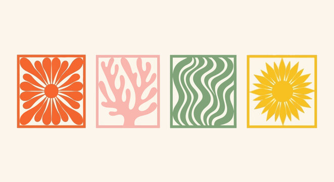 Four square panels featuring abstract, stylized natural elements in a retro color palette.