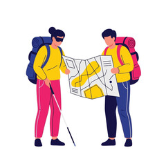 Fototapeta premium Friends planning adventure trip with map and backpacks