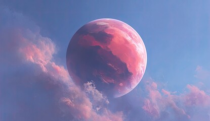 Crimson planet peeks through soft pink and blue clouds at sunrise
