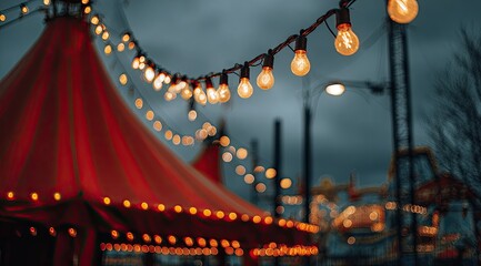 Twinkling lights illuminate a red striped circus tent and fairground attractions at dusk