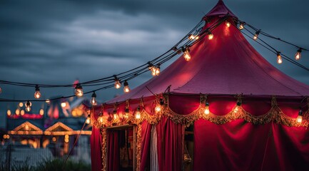 A vibrant, ornate red tent illuminated by warm, glowing string lights at dusk