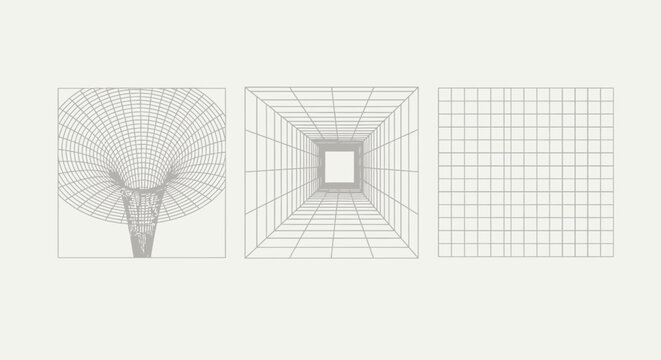 Three geometric wireframe diagrams illustrating perspective, grid systems, and radial patterns on a neutral background.