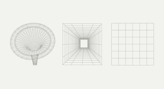 Three wireframe geometric shapes: a funnel, a pyramid, and a grid, presented against a neutral background.