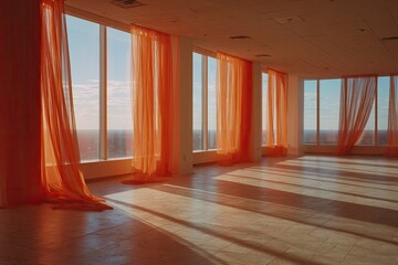 Sunlight streams through sheer orange curtains in an empty room