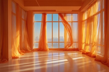 Sunlit room with sheer orange curtains billowing in a gentle breeze