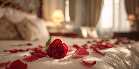 Red rose and petals on a luxurious, made-up bed