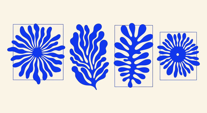 Four abstract blue plant-like shapes against a cream background, inspired by Matisse's cut-outs.