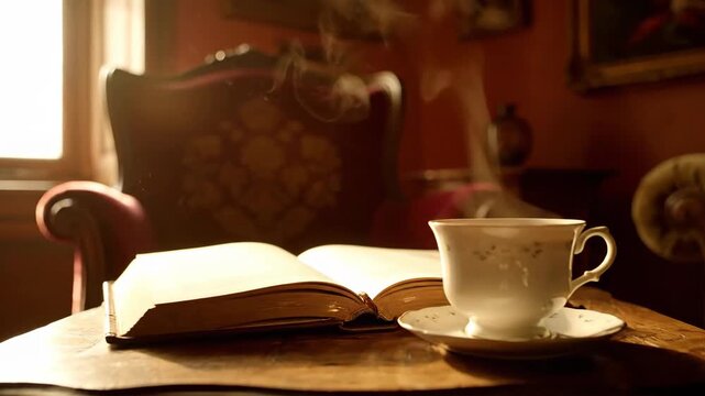 Steaming cup of tea and book on table in classic interior
