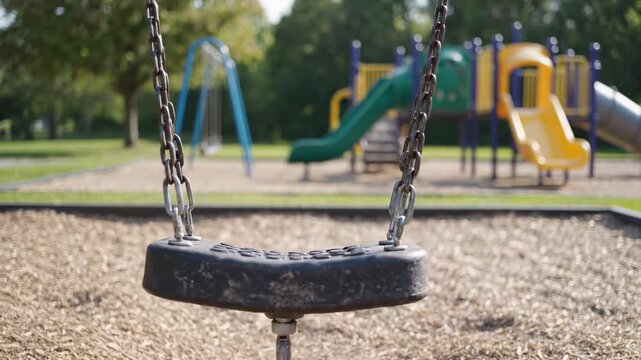 Empty swing moving in wind. An empty playground swing slowly moving back and forth, chains softly clinking as a light breeze passes through