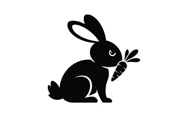 Obraz premium Black silhouette of a rabbit eating a fresh carrot with leaves on a white background simple graphic design element