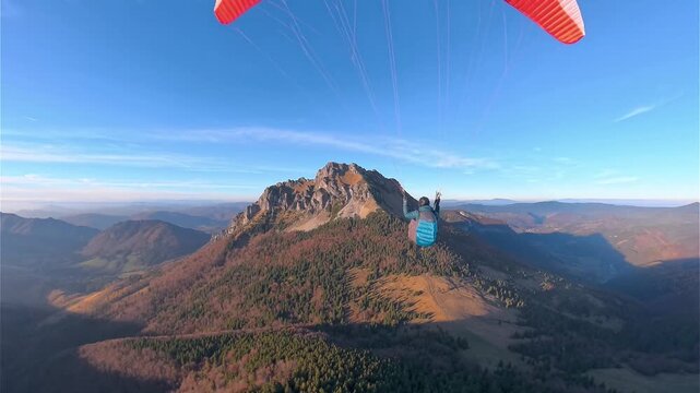 Peaceful Paragliding Flight Over Autumn Alpine Mountains, Follow Camera