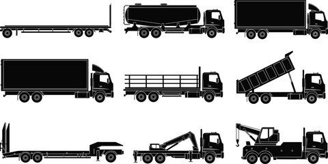Truck silhouette icon set with flatbed, tanker, box, dump, crane, tow, and trailer designs, vector illustration, editable graphics © afjal