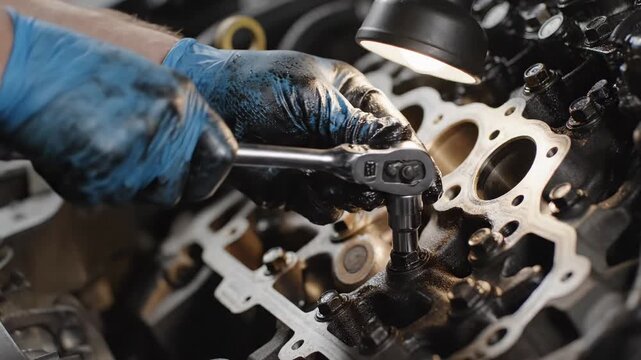 Hands tightening bolts inside an engine. Detailed side angle of greasy hands tightening bolts deep within a car engine, highlighting mechanical detail.