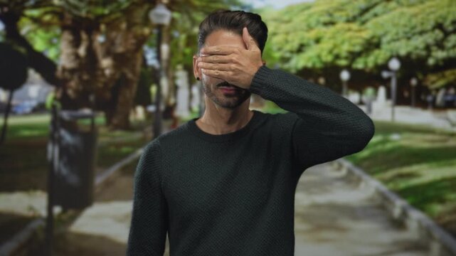 Man covers eyes with hand amid green trees and lampposts in street; shyness hesitation vulnerability withdrawal.