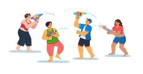 Multicultural Group Playing Water Guns During Songkran Festival, Festive Flat Style Illustration