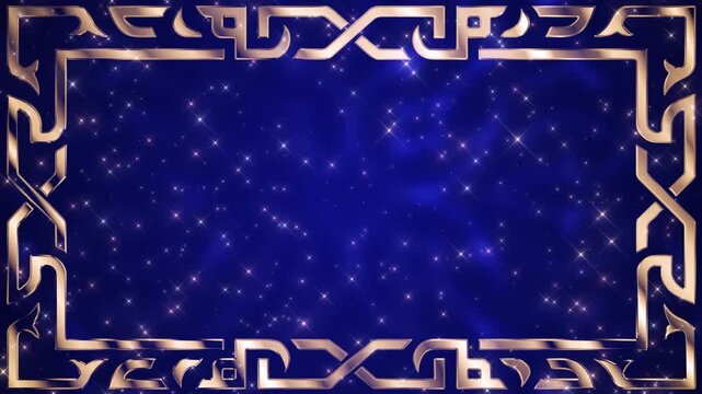 Blue background featuring a gold geometric arabesque border and twinkling stars, perfect for Islamic holiday greetings and elegant event promos