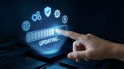 A human finger interacts with a glowing holographic 'Updating...' progress bar, surrounded by technology icons like gears and shields, representing essential system maintenance.