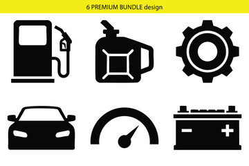 Premium Automotive Service Icon Set &ndash; Fuel Pump, Oil Can, Gear, Car, Speedometer, Battery Silhouette Vector