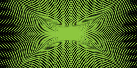 Op art abstract pattern, hypnotic wavy dot grid, black and neon green color scheme, optical illusion tunnel effect.
