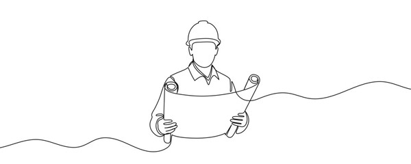 Obraz na płótnie Canvas Engineer or builder in a hard hat holding a blueprint in one line art style. Drawing of a specialist with a construction plan made with a continuous black stroke on a white background.
