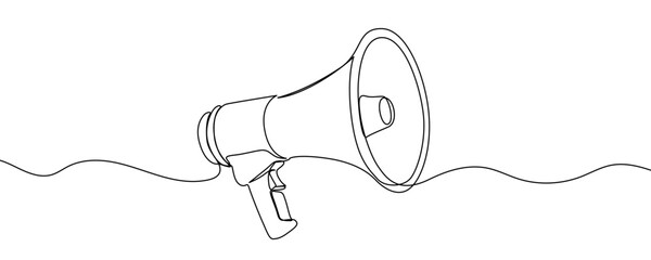 Megaphone in one line art style. Drawing of a loudspeaker made with a continuous black stroke on a white background. Vector illustration.