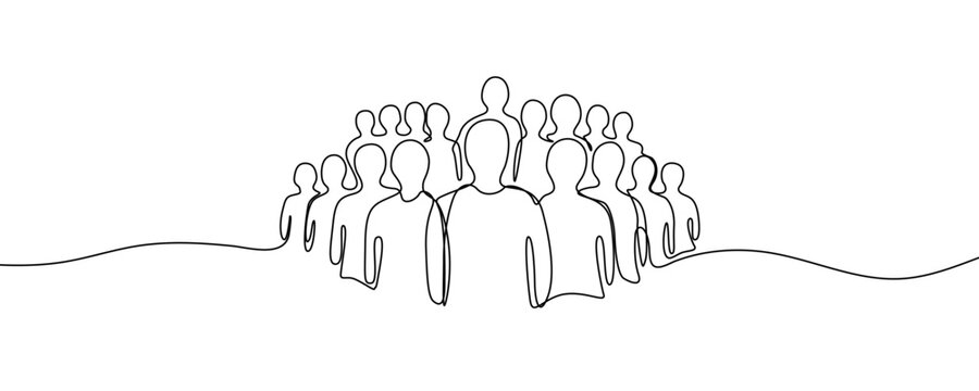 Large group of people or crowd in one line art style. Drawing of a community, team, or audience made with a continuous black stroke on a white background. Vector illustration.