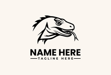 Fototapeta premium Black and white illustration of a dinosaur head logo with a placeholder name and tagline on a plain beige background.