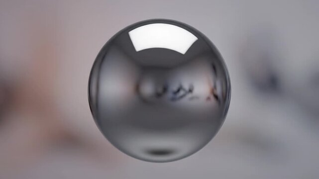 Shiny metallic chrome sphere reflecting light on blurred background
